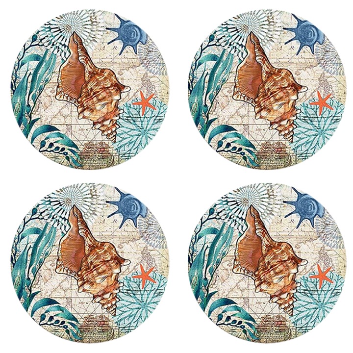 Set 4 suporturi pentru pahare cu suport metalic, tematica plaja tropicala, ceramica absorbanta, fund de pluta, multicolor