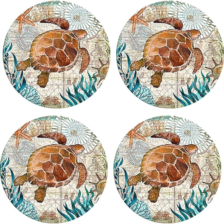 Set 4 suporturi pentru pahare cu tematica plaja tropicala, baza de pluta, suport metalic, multicolor