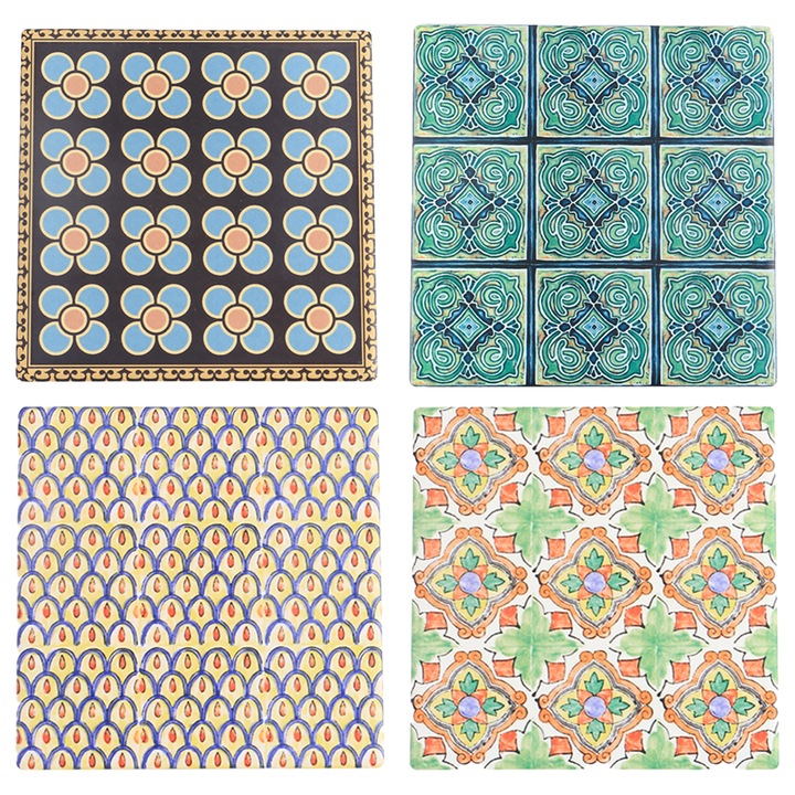 Set 4 suporturi bauturi, piatra absorbanta, spate din pluta, model "Retro Modern", multicolor