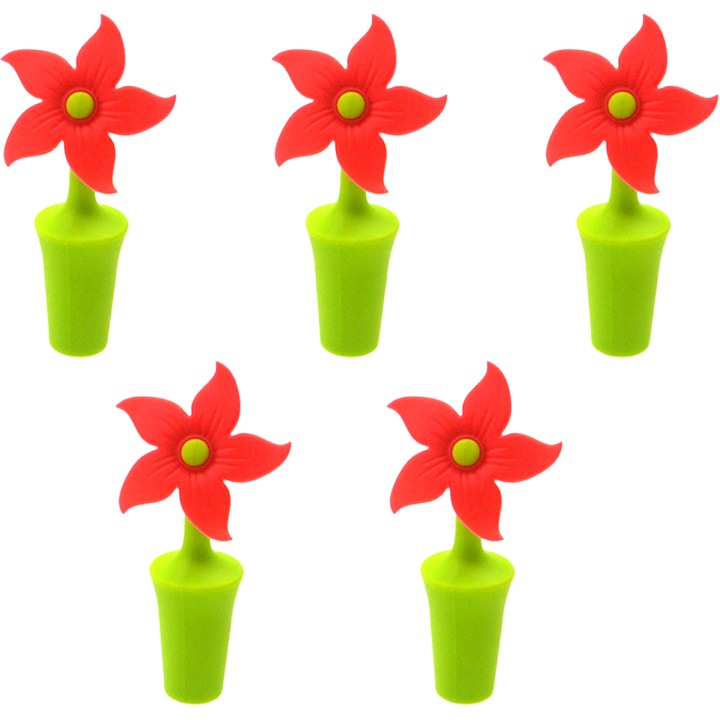 Set de 5 dopuri din silicon pentru sticle de vin, design elegant, etans, multicolor