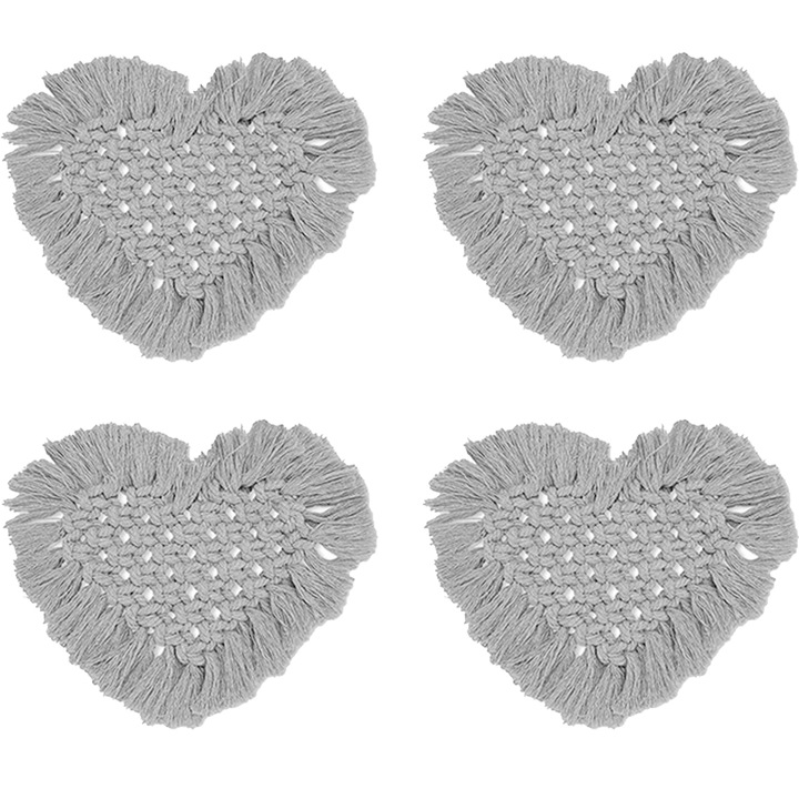 Set 4 suporturi bauturi, macrame si ratan, absorbante, gri, 11.43cm