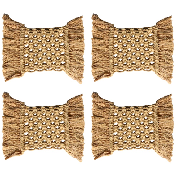 Set 4 suporturi bauturi, macrame si ratan, absorbante, protectie termica, bej, 11.43cm
