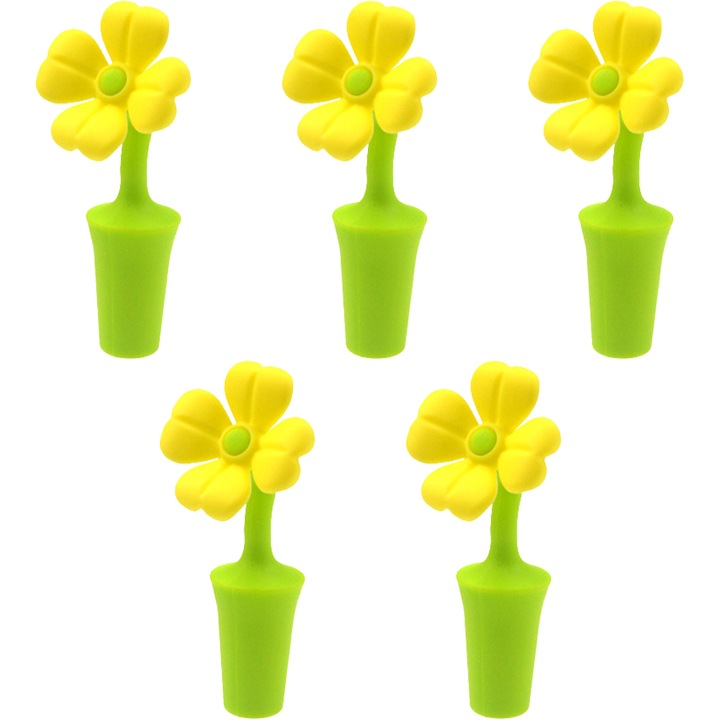 Dopuri de vin din silicon, set de 5, flori, galben