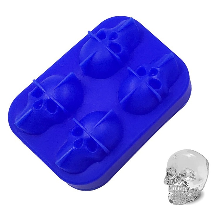 Forma de gheata 3D cu craniu, tava pentru cuburi de gheata, pentru whisky, cocktailuri si sucuri (albastru)