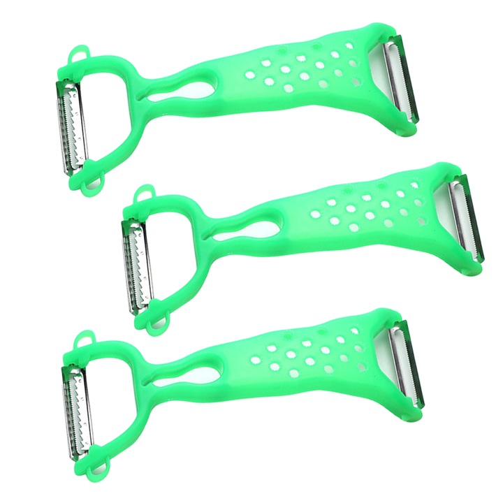 Set de 3 curatatoare legume, QttvbTna, inox, lama zimtata, Verde