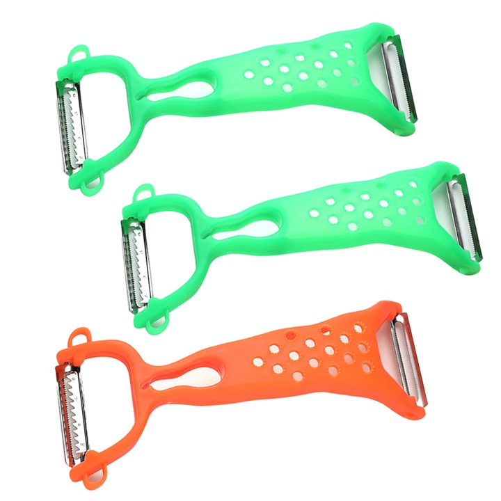 Set 3 curatatoare pentru fructe si legume, Cozevdnt, inox, 18.3cm, curatare rapida, verde/portocaliu