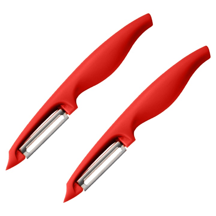 Комплект от 2 белачки за зеленчуци, Cozevdnt, Неръждаема стомана, ергономична дръжка, със защита, Червено/сребристо