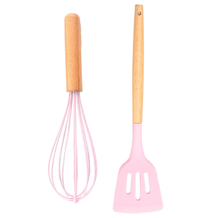 Set Tel si Spatula, Cozevdnt, Lemn, Maner ergonomic, Rezistente la Caldura, Roz/Bej