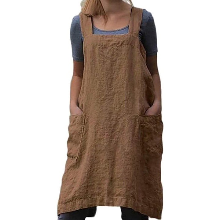 Sort din bumbac si in, design fara legaturi, cu buzunare, maro, dimensiuni mari