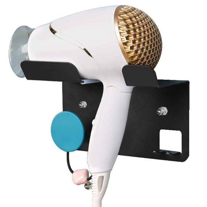 Suport de perete pentru uscator de par, montare fara cuie, negru