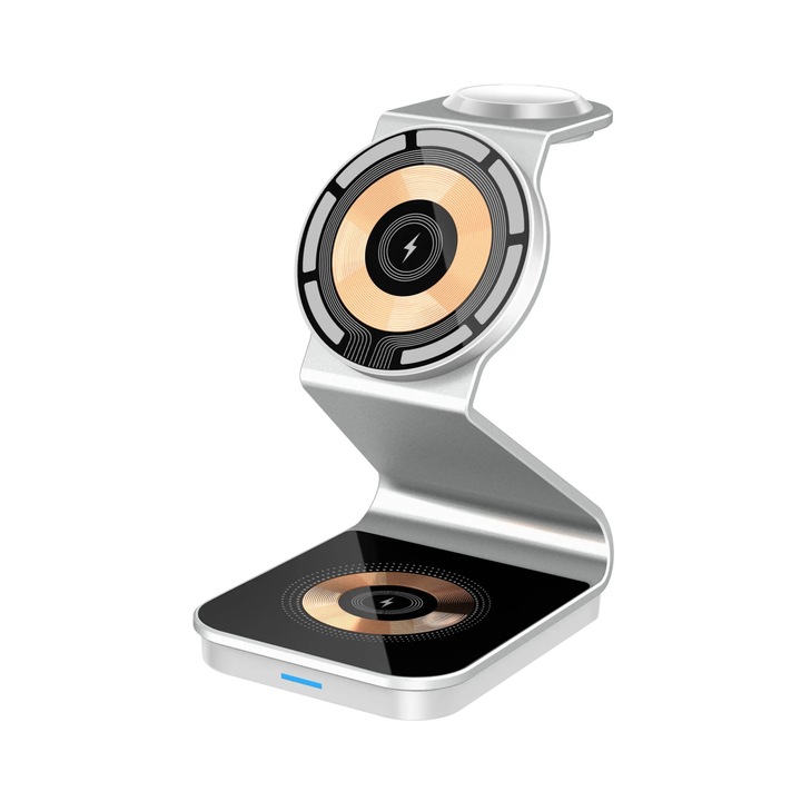 Magsafe QI mágneses töltőállomás, Hordozható, Gyorstöltés 15 W, Telefontartó, Alumínium, Kompatibilis a következőkkel: iPhone, Samsung, Xiaomi, Apple Watch, Airpods Pro, Huawei, Oppo, Galaxy Buds, TWS, Ezüst