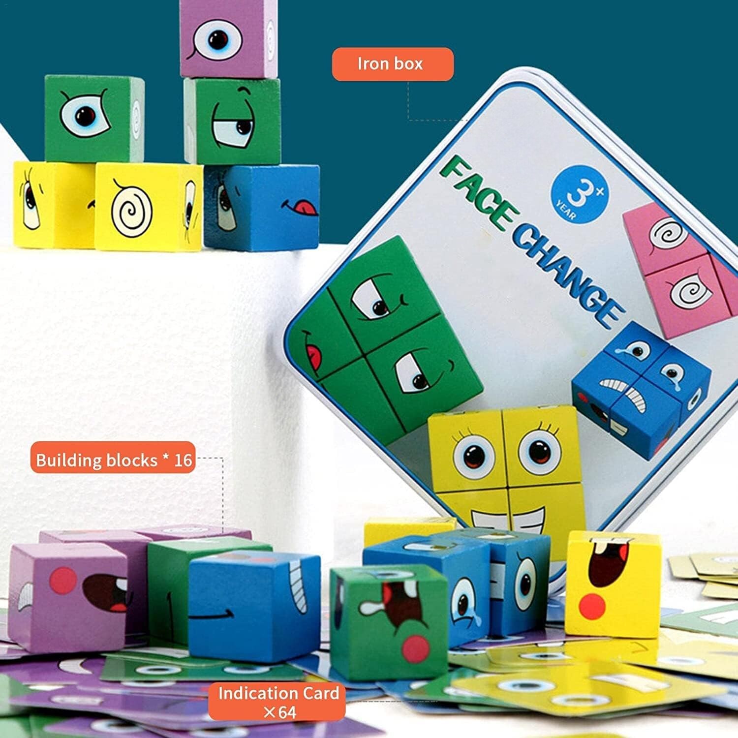 Set 16 Cuburi de Constructie din Lemn, 4 Jucatori, 64 Posibilitati cu ...