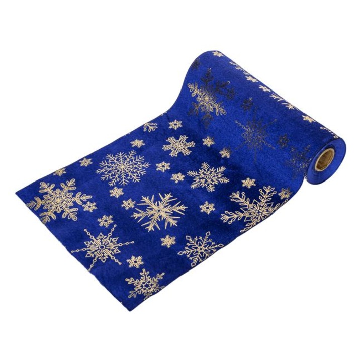 Napron decorativ pentru masa de Craciun Shopiens®, albastra catifelata model fulgi aurii cu glitter, 5 m x 24 cm