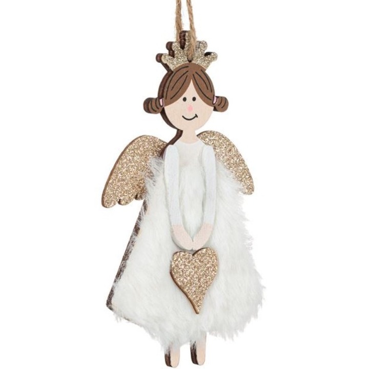 Karácsonyfadísz, fa angyal és szőrme, fehér/arany, 14x7cm, M Deco