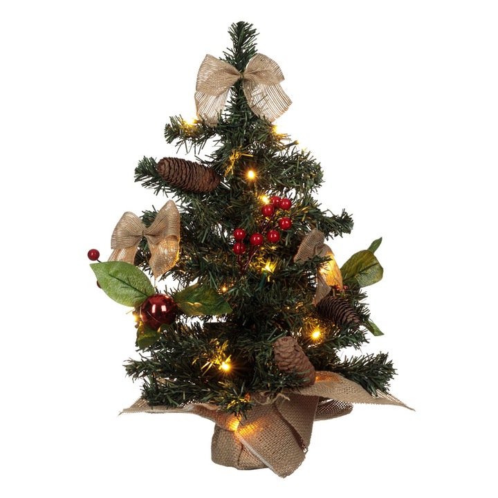 Brad decorativ de Craciun Shopiens® pentru masa, impodobit, cu 20 de LED-uri, in ghiveci, 50 cm