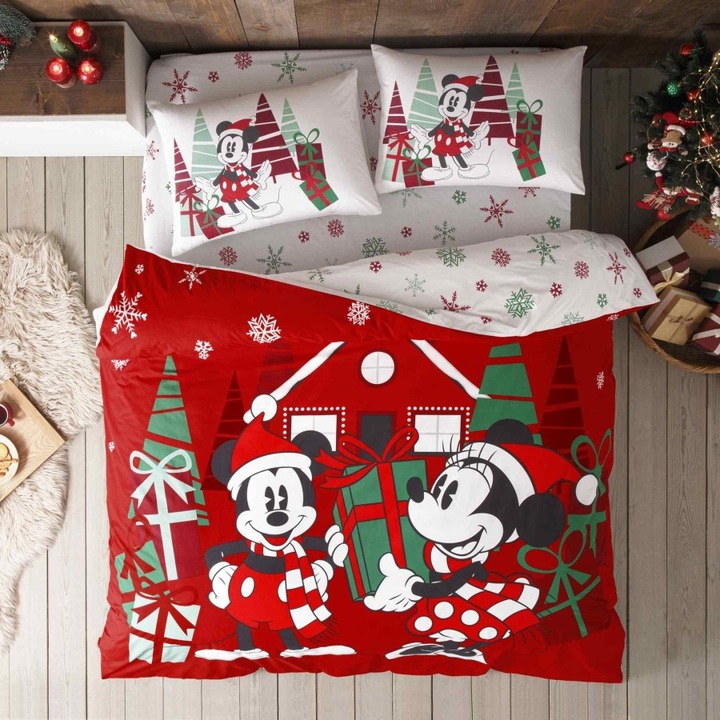 Lenjerie Craciun pat dublu, cearceaf cu elastic 160x200 cm, 4 piese, bumbac 100% ranforce, Tac, Disney Christmas