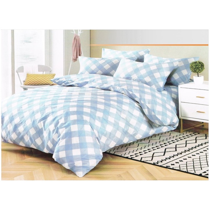 Set lenjerie pentru 2 persoane, 4 piese, 180x200, polyester 100%, imprimeu carouri, culoare bleu