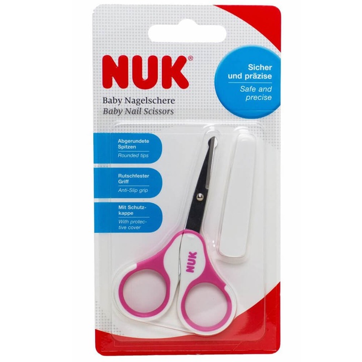 Forfecuta cu capac pentru manichiura bebelusi, NUK, Inox, Roz / Alb