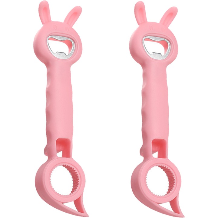 Set 2 deschizatoare multifunctionale pentru sticle si conserve, roz, tehnologie de prindere automata, fara contact cu continutul