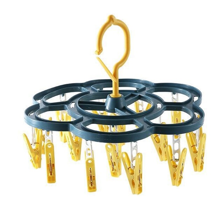 Uscator multifunctional, rotativ, cu 16 cleme, rezistent la vant, Plastic, Albastru/Galben