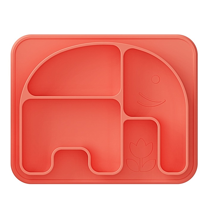 Szilikon babatányér tapadókoronggal, Jormftte, állatos design, élénk színek, újrafelhasználható, tapadásmentes, piros