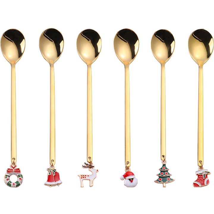 Set 6 linguri din otel inoxidabil pentru cafea, inghetata, supa, desert, multicolor