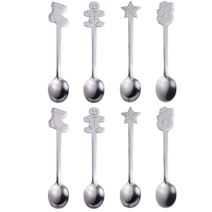 Set 8 linguri de cafea, inox, pentru Craciun, argintiu
