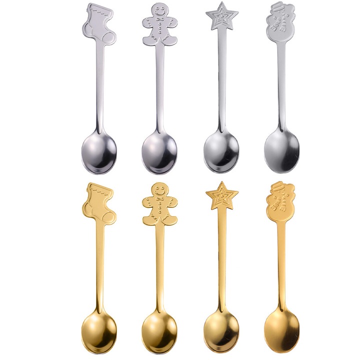 Set 8 linguri pentru cafea, inox, design Craciun, auriu/argintiu