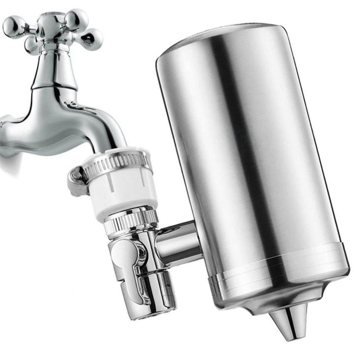 Filtru Apa Potabila, Purificator Apa, Montare la Robinet, Carbune Activ, Elimina Impuritatile, Clorul, Metalele Grele, Mirosurile, Sedimentele, Cartus Reutilizabil, Ideal pentru Bucatarie, Uz Casnic, Argintiu