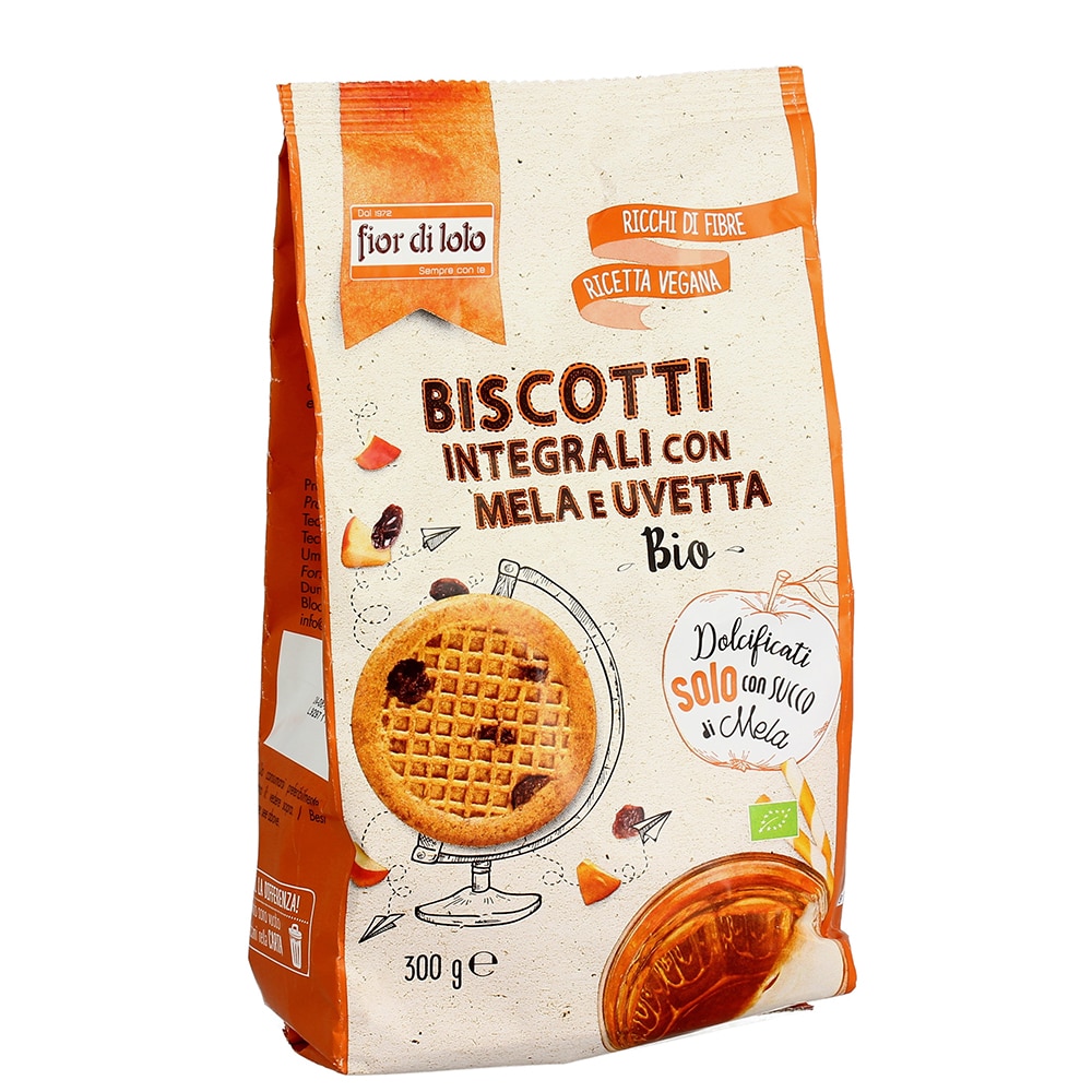 Biscuiti bio integrali cu mere si stafide, indulciti cu suc de mere, Fior di Loto 300g