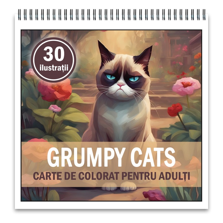Carte de colorat, 30 de ilustratii, Grumpy Cats, 66 pagini