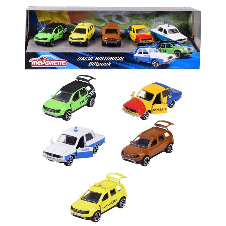 Set 5 mașinuțe metalice Dacia, Simba, 3 Dacia Duster + 2 Dacia 1300, 7.5 cm