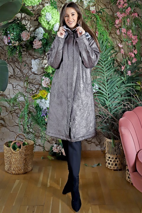 MIAU by Clara Rotescu, Geaca lunga cu fermoar Perugia, Argintiu, 44