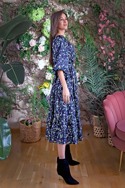 MIAU by Clara Rotescu, Rochie din amestec de matase cu model floral Cagliari, Alb, Albastru marin, 40