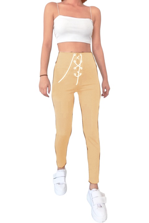 Colanti dama elastici, StarFashion, din bumbac tetra, cu accesoriu lant metalic reglabil auriu in talie, Nude