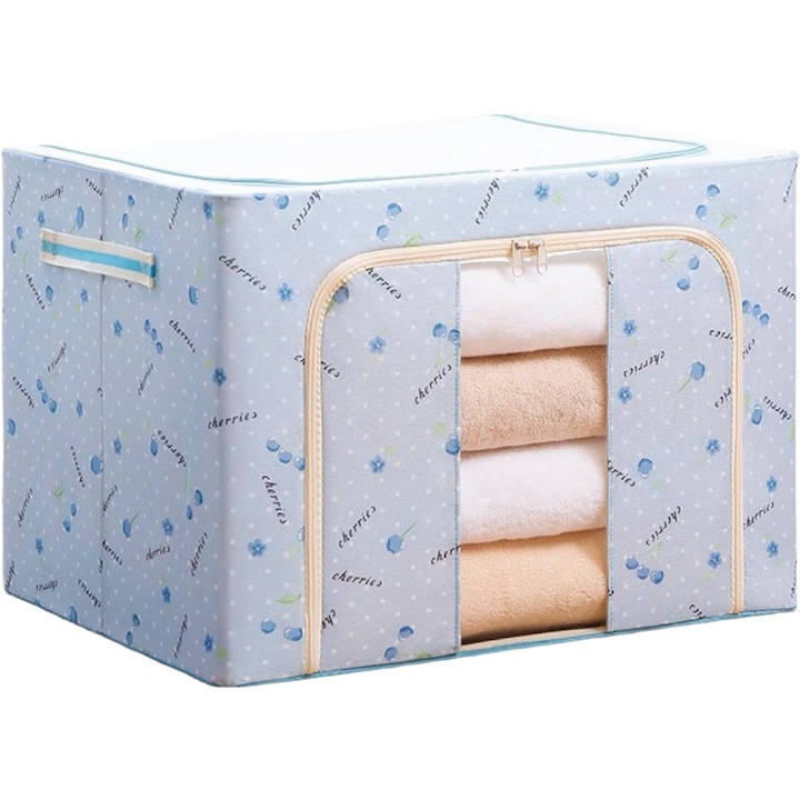 Összecsukható tárolódoboz, cipzárral, 100 l, textil, 60x42x40 cm, ablakkal, cseresznyenyomat, kék