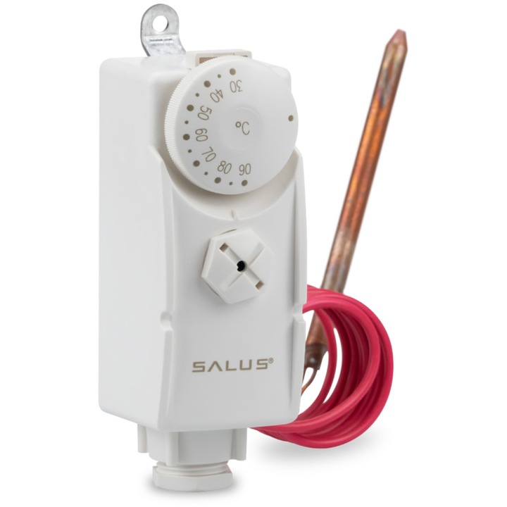 Termostat de contact cu senzor de imersie Salus AT10F, pentru controlul automat al temperaturii în cazane, sisteme de pompe si supape