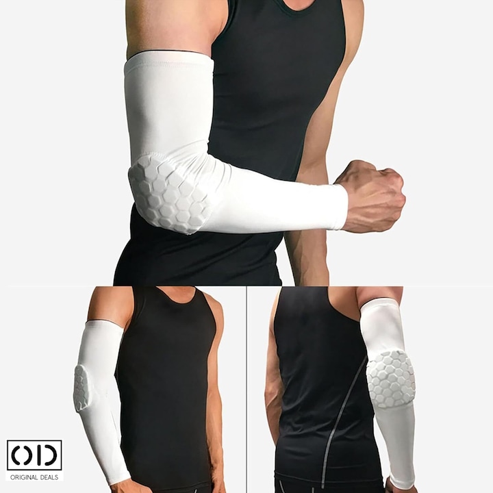 Cotiera cu Tampon Protectie pentru Cot si Articulatii, Material Elastic Unisex, Marime Maxima Brat 45 cm, pentru Sportivi si Atleti, Alb, ORIGINAL DEALS