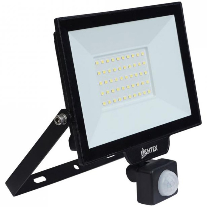 Proiector LED cu senzor Lightex Hero 504AL0011485, 50W, 4500 lm, temperatura lumina rece (6500K), IP65, Aluminiu, Negru, Clasa energetica F