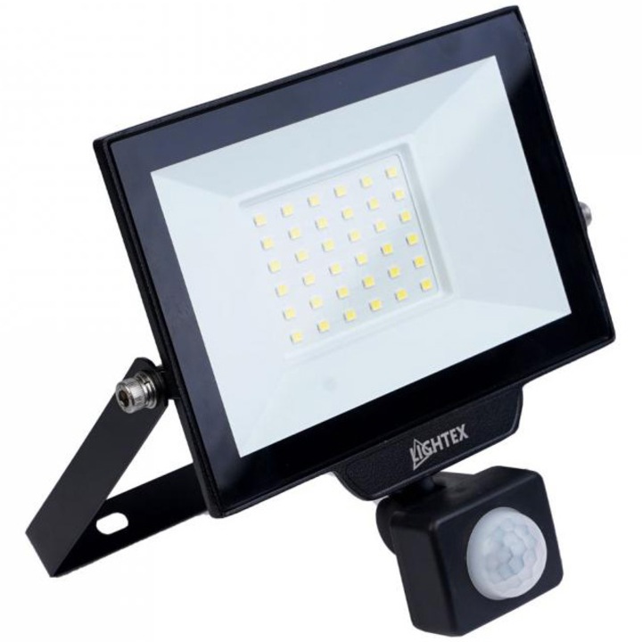 Прожектор LED със сензор Lightex Hero 504AL0011480, 30W, 2700 lm, Студена светлина (6500K), IP65, Алуминий, Черен, Енергиен клас F