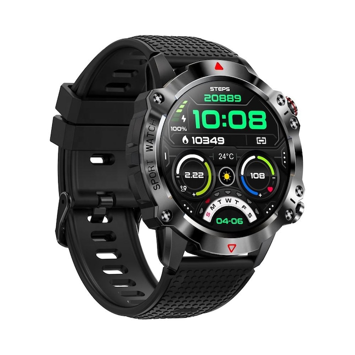 Смарт часовник NUBI KR10, Bluetooth разговор, Пулс, Калории, Кръвно налягане, Дистанционна камера, Хронограф, 100+ спортни режима, Черен