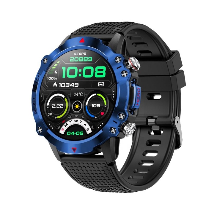 Смарт часовник NUBI KR10, Bluetooth разговор, Пулс, Калории, Кръвно налягане, Дистанционна камера, Хронограф, 100+ спортни режима, Син