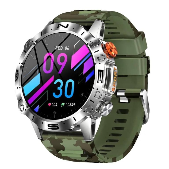 Мъжки смарт часовник NUBI K59, Bluetooth разговор, AMOLED Дисплей, Резолюция 466*466, Стъпки, Пулс, Калории, Кръвно налягане, Дистанционна камера, Хронограф, Консумация на калории, Зелен