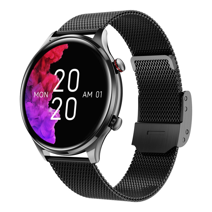 Дамски смарт часовник NUBI AK50, Bluetooth разговор, Стъпки, Пулс, Калории, Кръвно налягане, Калории, Дистанционна камера, Допълнителна силиконова каишка, Черен