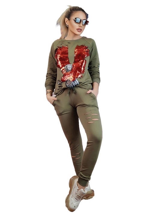 Compleu format din pantaloni si bluza cu rupturi decorative, Kaki, S-M