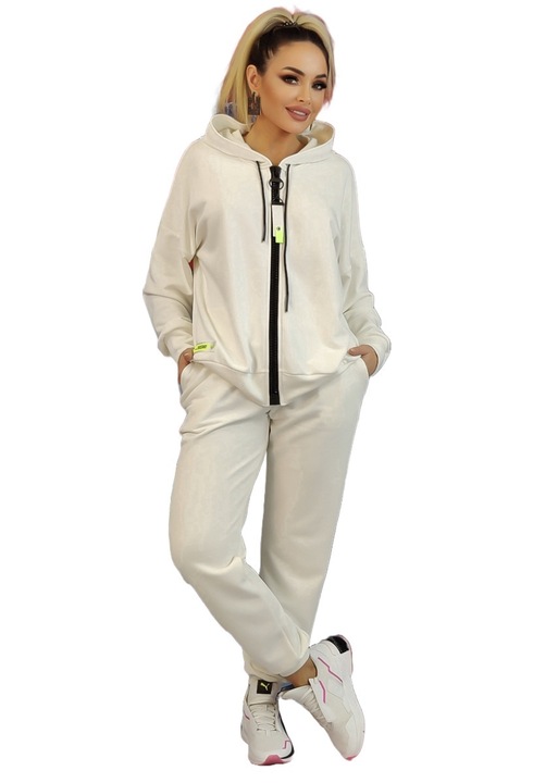 Trening fashion din bluza cu imprimeu si pantaloni lung, Alb, M-L