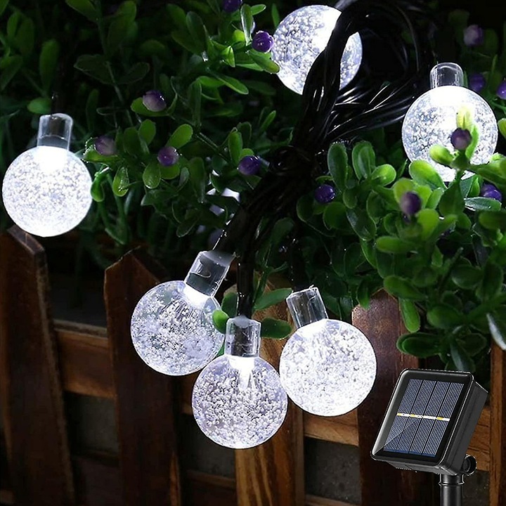 Instalatie solara bulb, 50 LED-uri, 6 metri, de exterior, alb rece