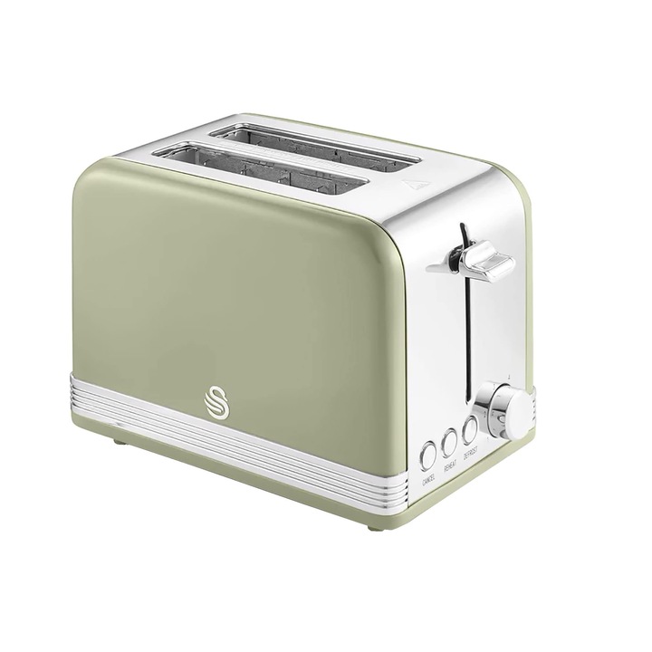 Тостер Swan, Retro, за 2 филии хляб, 6 степени на мощност, функция за претопляне, функция за размразяване, автоматично спиране, центриране на филийката хляб, корпус от неръждаема стомана, каки