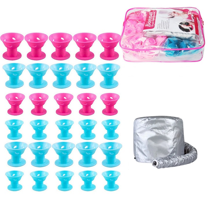 Set 31 bigudiuri si palarie, Aisdelu®, forma ciuperca, ideale pentru bucle, Roz/Albastru/Argintiu