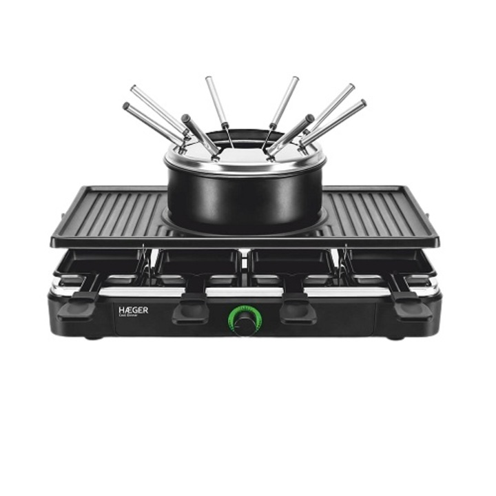 Мултифункционална електрическа скара 3в1, HAEGER GR-FRG.016A, 1400 W, 420x230 мм, Раклет, Фондю и Грил, 8 души, Неръждаема стомана, черна